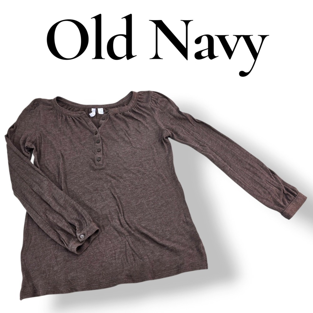 Old Navy Henley Top XS Brown Cotton Blend Long Sleeve Button Casual Classic